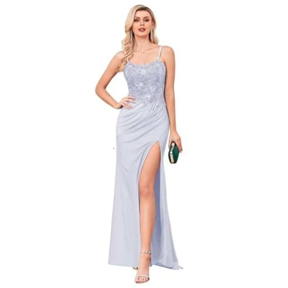 Spaghetti Straps Prom Dresses Sparkly Beaded Formal Dresses for Women Mermaid Evening Gown with Slit