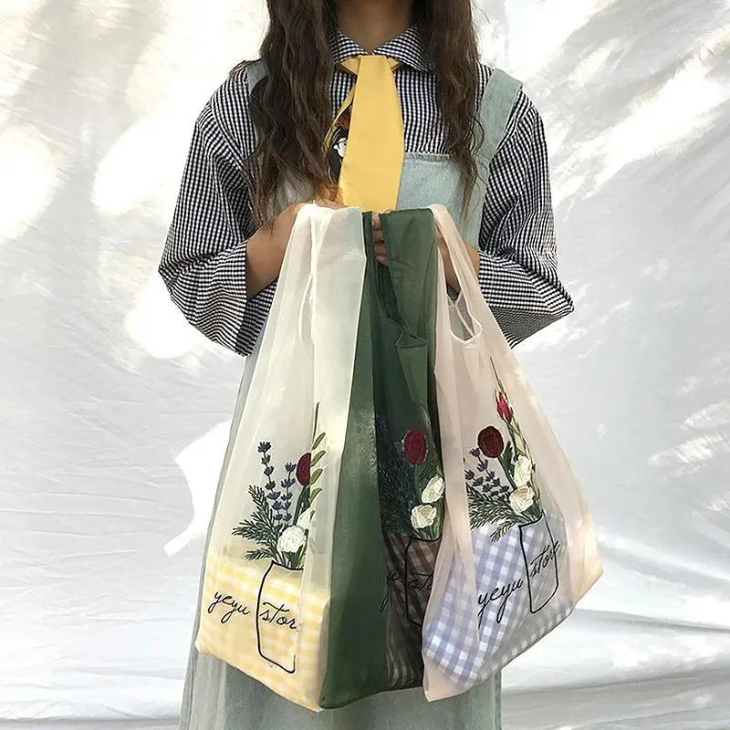 Bolsas de armazenamento Summer Mulheres transparentes Tote Organza Yarn Pano Bolsa Bolsa de Bordado de Alta qualidade Eco Clear Hand bolsa para meninas