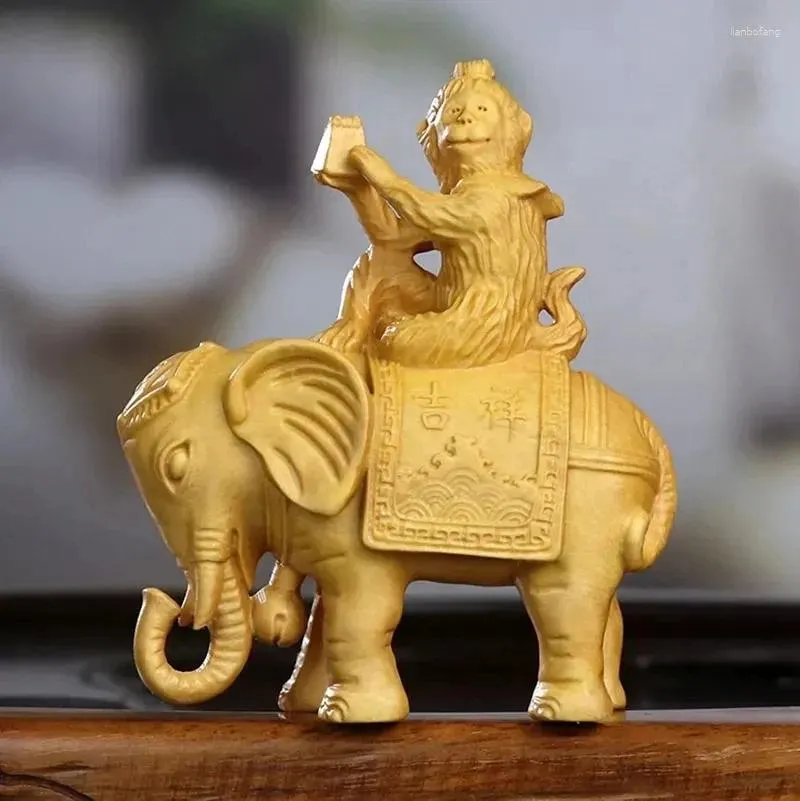 Dekoracyjne figurki 9cm małpa King Taxi Elephant Boopwood Rzeźba Feng shui drewniana rzeźba ze statua zwierząt Kolekcja Ozdar urodzinowy