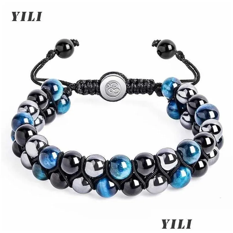 Bracelet de protection triple perlé 8 mm tigres de perles oeil noir obsidien hématite et traitement des femmes