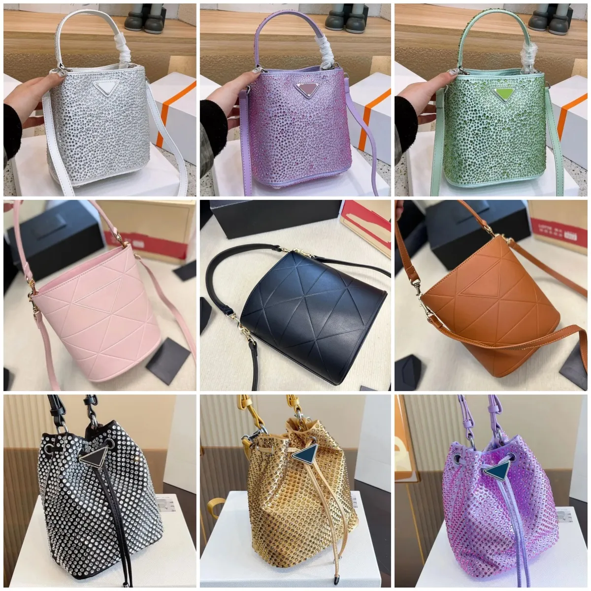 Gratis frakt Kvinnor dragsko hinkväskor Designer Totes crossbody väskor klassisk hink axelväska shopping handväskor diamanter lyxfest modeväska fabrik