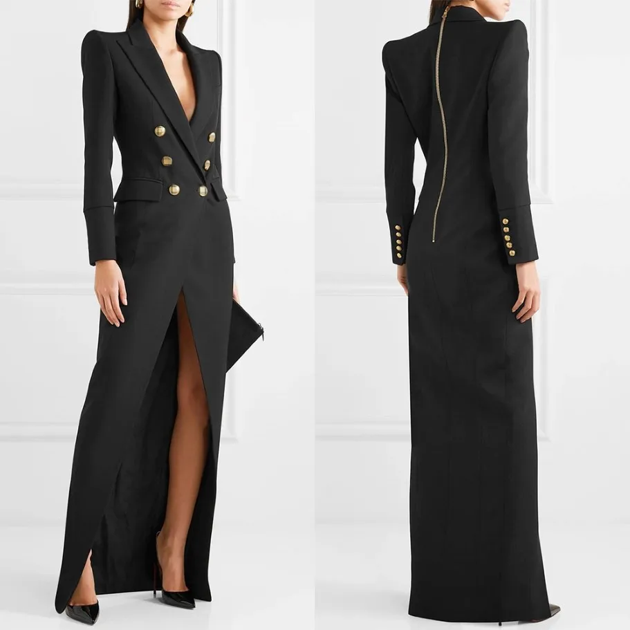 Robe de soirée noire printemps or Double Pinted Femmes Long Jacket Suits pour femmes Prom Invité Forme Forme Robes Fabriquées Blazer 260R