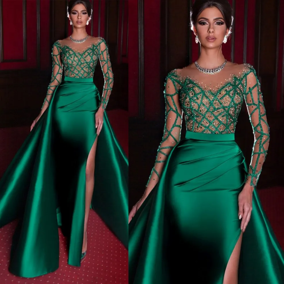 Emerald Green Mermaid Evening Dress With Detachable Train Elegant Satin High Split Full Sleeves Party Gowns 230w