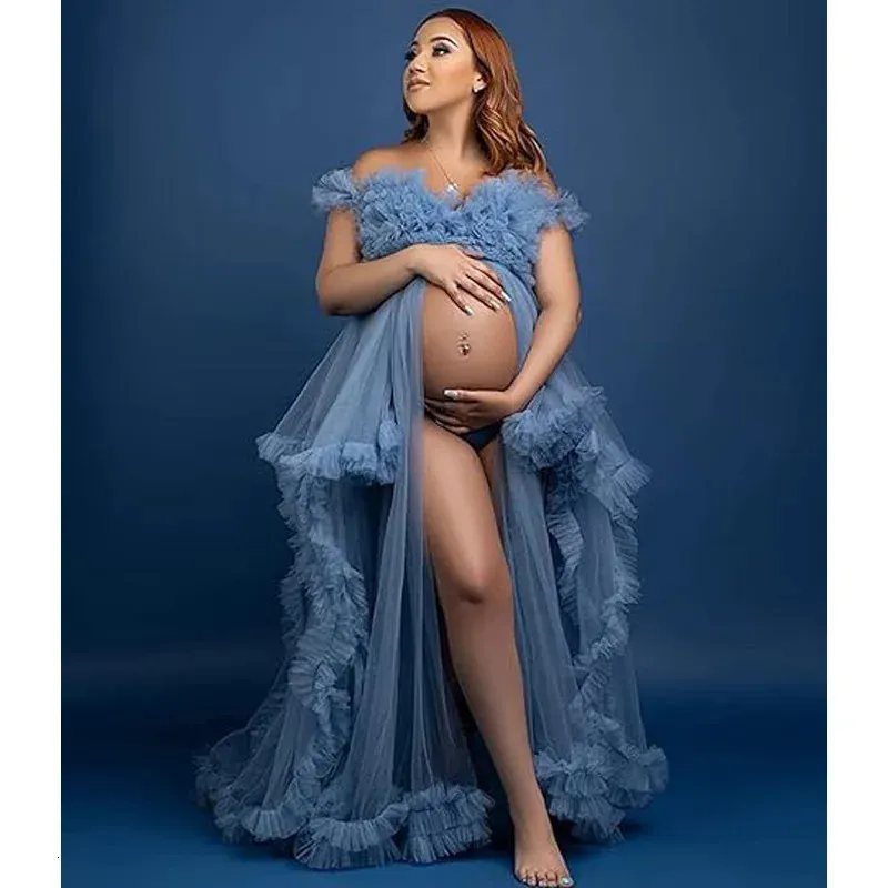 Sexy Maternity Gowns Poshoot V Cuello Ruffles Un tren de barrido de línea Tul Mujeres embarazadas Vestidos de maternidad para PO Shoot 240513