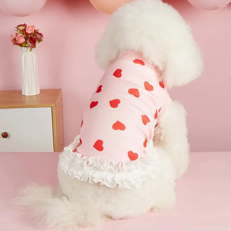 ハート付き犬アパレルピンクドレスパターンシフォンフローラルトリム小さな犬用エレガントなプリンセスドレススプリング