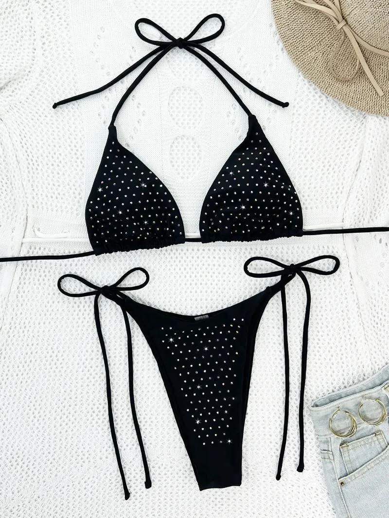 Damenbadebekleidung glänzend Fix Drill Bikinis Set 2024 Halfter-BH mit Tie-up-Low-Taille-Briefs 2-teiliger Badeanzug Strandbekleidung
