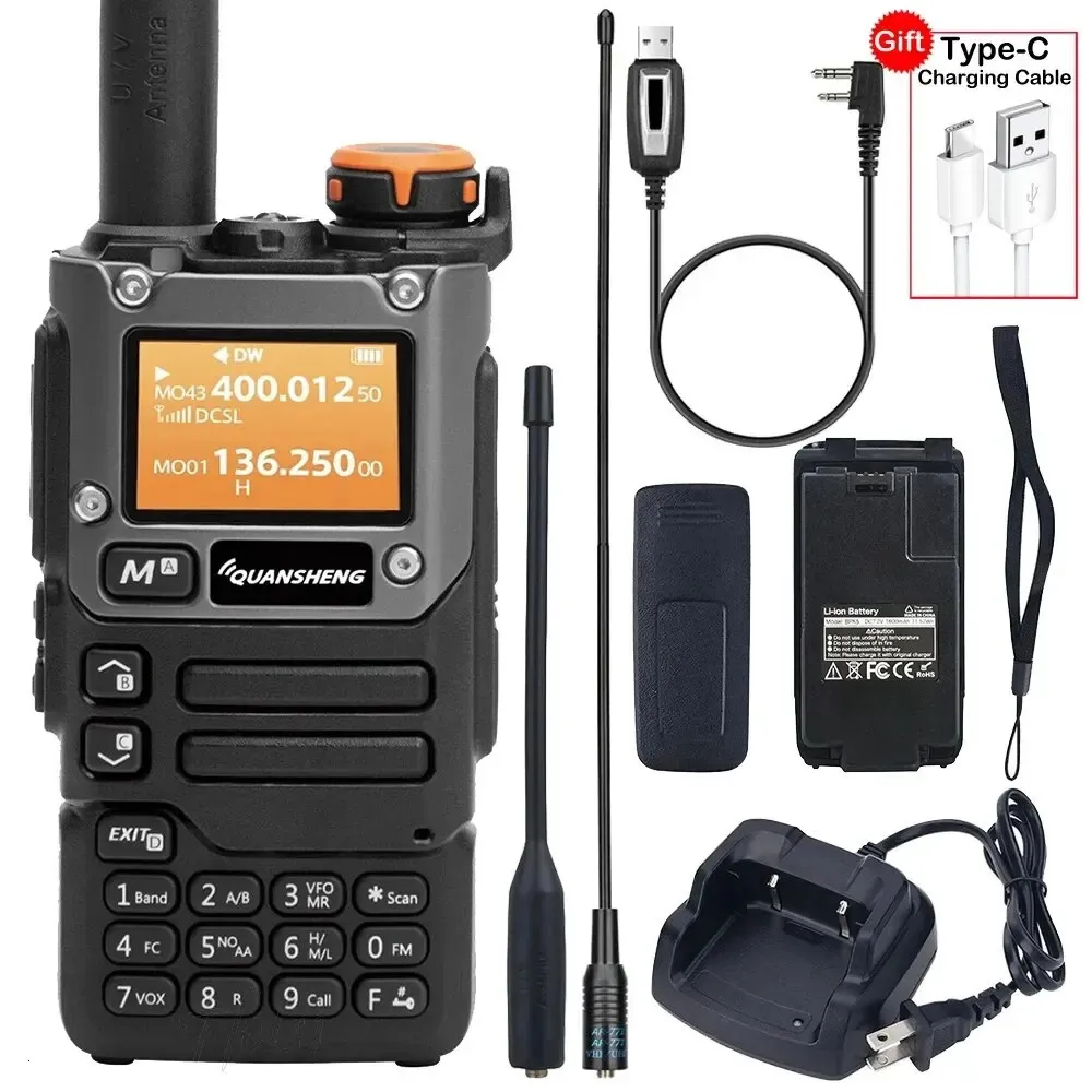 Quansheng uvk6 walkie talkie 5w banda de ar rádio tyep c carregamento uhf vhf dtmf fm scrambler NOAA Frequência sem fio de duas maneiras CB 240510