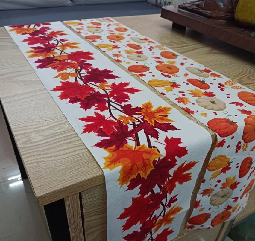 Thanksgiving Table Runner Pumpkin Maple Leaves Holiday Kitchen Dining Table Decoration Autumn For Outdoor Home Party Decor8574746