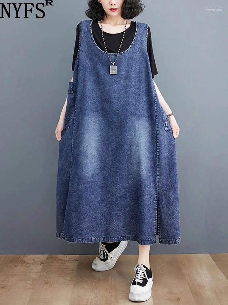 Casual Dresses 2024 Summer Vintage Woman Dress Vestidos Robe Elbise Loose Plus Size Blue Sleeveless Denim Long Long