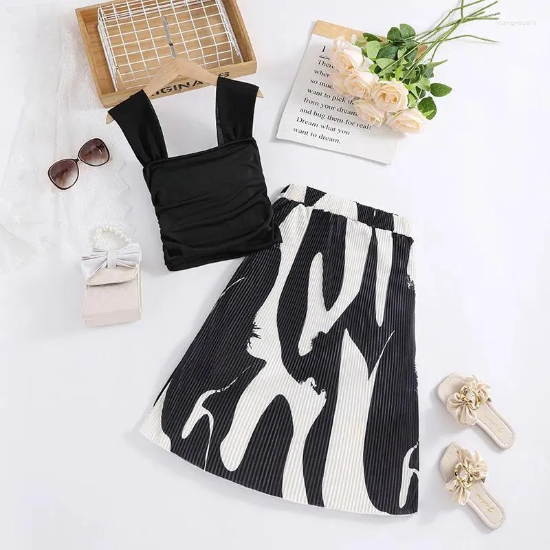 Clothing Sets Kids Girls Clothes Summer 2 Piece Outfits Black Sleeveless Camisole Tops Abstract Pattern Print Skirt