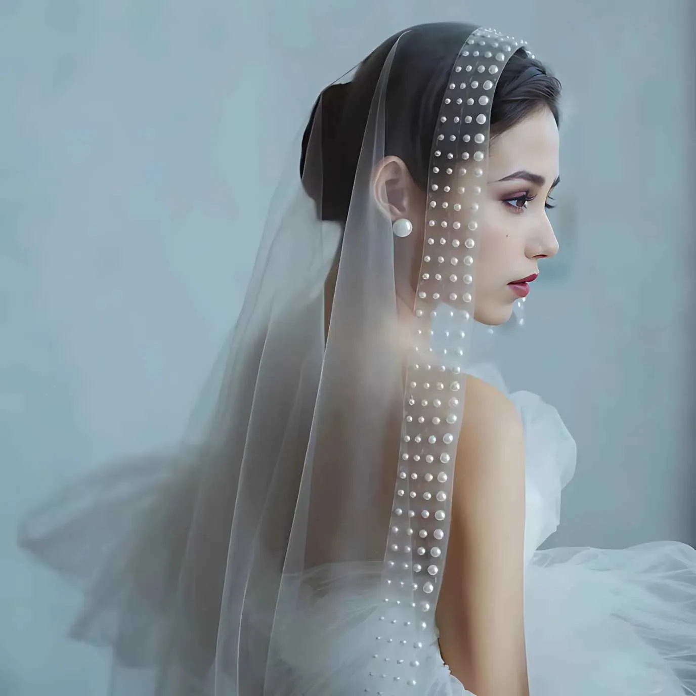 Hårsmykker Perlekant Lange Katedral Brudeslør 1 Lag med Kam Organza Perlebesatte Brudekjoler Tilbehør VP92_voghion.com