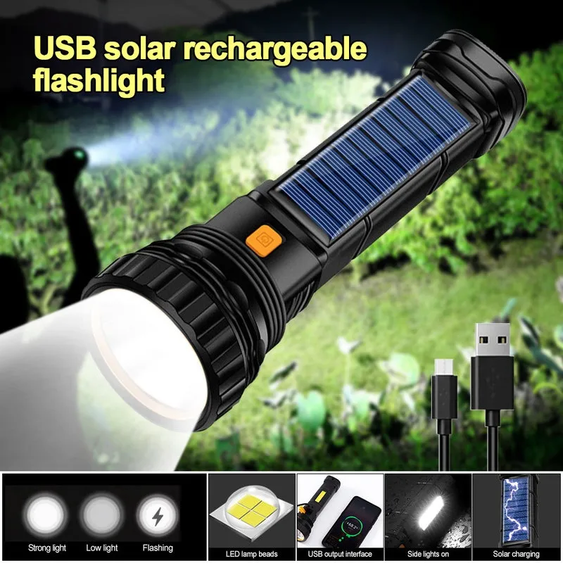 다기능 태양 광 LED 손전등 Lanterna Outdoor Long Range Torch Emergency Power Bank LED 태양열 손전등