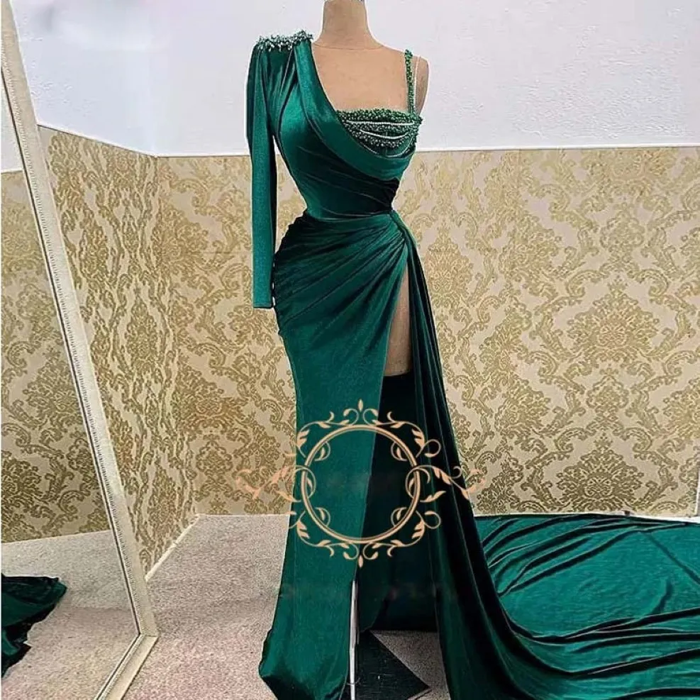 Emerald Green Long Prom Dresses One Shoulder High Slit Beading Evening Gowns Sexy Velvet Womens Birthday Robe De Soiree 2895