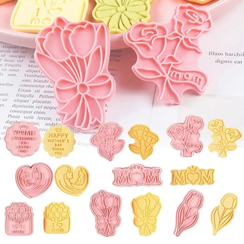 Moules de cuisson 2024 Journ de la fête des mères Père Cookie Cookie Set Rose Flower Biscuit Fondant Stamp Cake Decorating Tools Accessoires