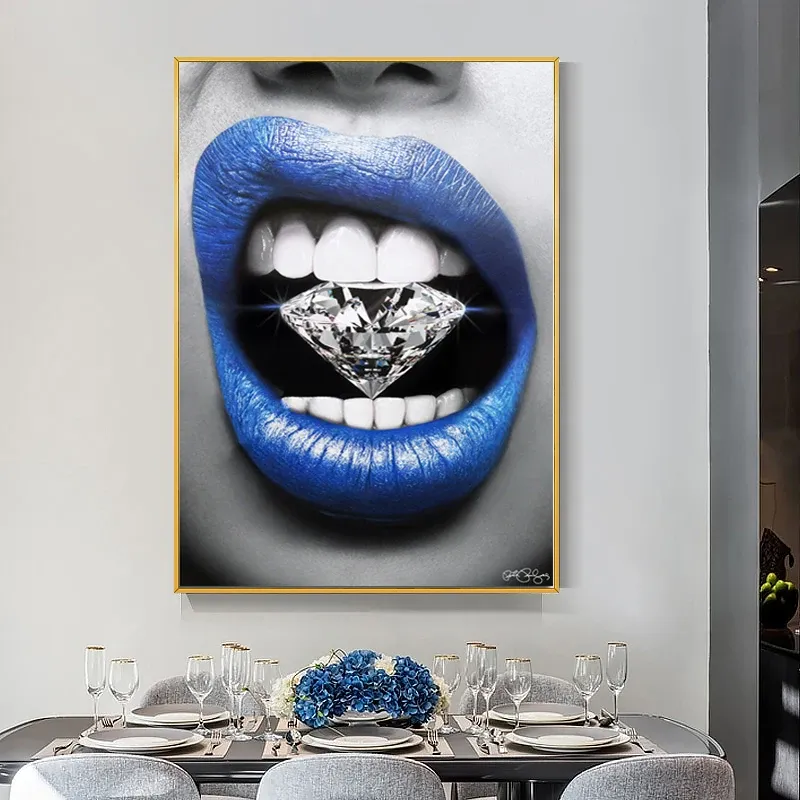 Affiche d'art mural imprimé bouche bleue avec diamant et argent toile peinture de peinture murale pour la chambre, salon