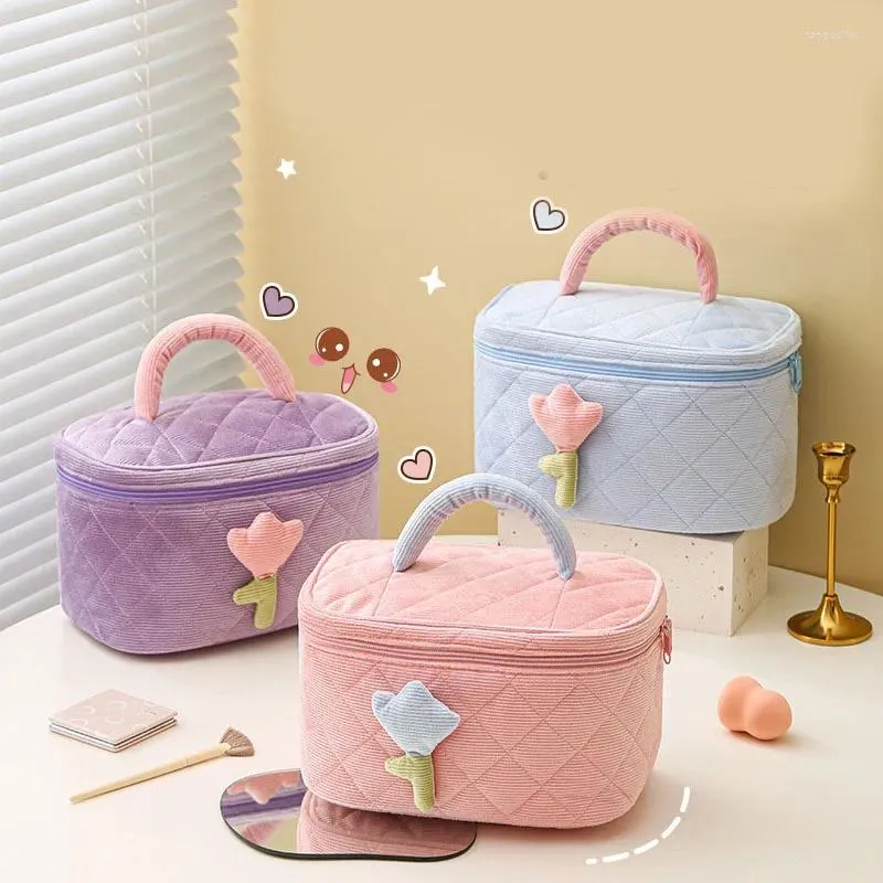 Cosmetic Bags Women's Tulip Flowers Pouch Makeup Bag Ins Large Capacity Travel Corduroy Zipper Toiletry Portable Storage Box