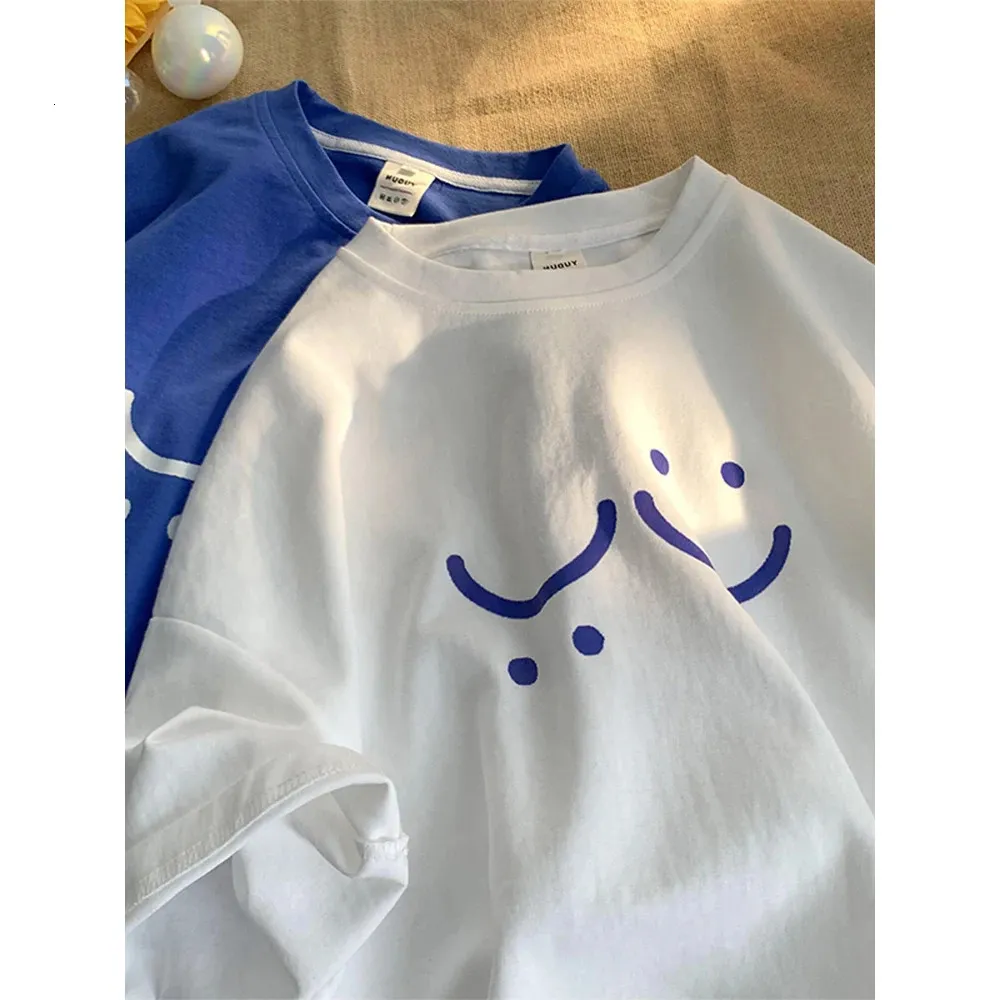 Cotton TShirt For Women Summer Short Sleeve Clothing Smile Printing Tops Female Streetwear Ladies Y2K Solid Color Tees 240510