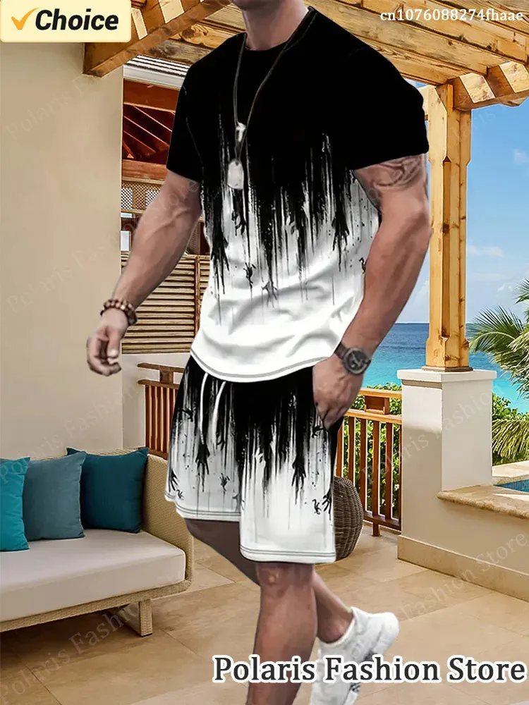 Summer Black and White Tracksuit Short Sleeve T Shirt Set Men Sport Suit Casual 2 Piece Outfits Manliga sportkläder för män 240514