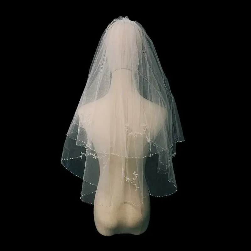Beaded Wedding Veil For Brides Sparkly Two Tier Bridal Headpiece_voghion.com