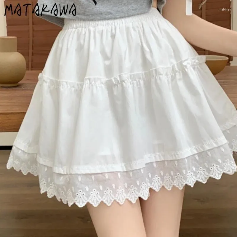 Skirts Matakawa Lace Ruffles Faldas Mujer Sweet Spring Summer A-line Women Korean Style Elegant Cute Retro Mini Skirt Solid