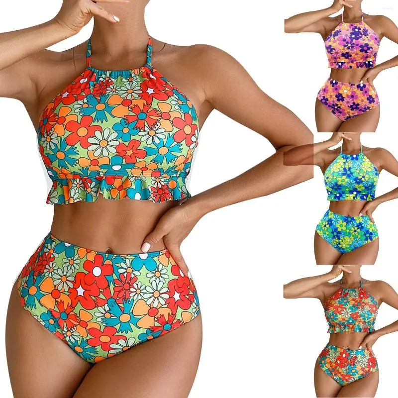 Kadın mayo çiçek baskısı bikini seti fırfır yular mahsul üstleri yüksek bel 2 adet mayo plaj giyme mayo