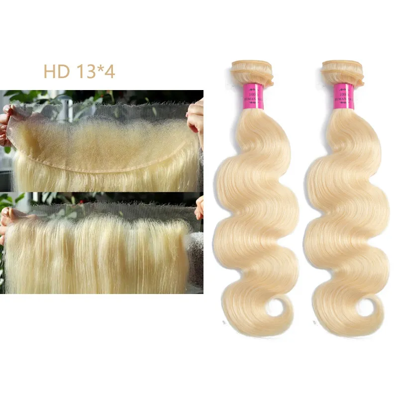 Indian 100% Human Hair 613# cor 10-30 polegadas loira 2 pacotes com HD 13x4 Onda corporal reta frontal de renda