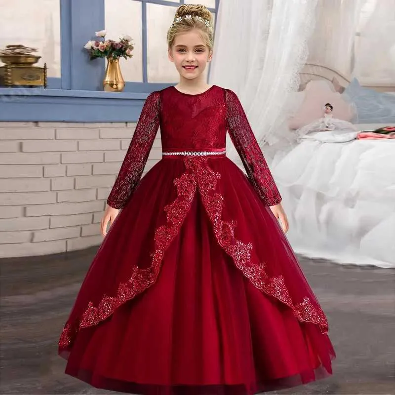 Girl's Dresses Gorgeous New Long Wedding Dress Christmas Girl Show Princess Dress Mesh Long Sleeve Autumn Childrens Clothing 4-12 Years Old Y240514