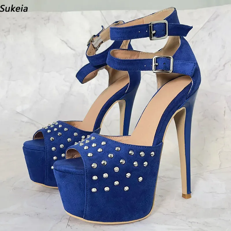 Sukeia New Women Summer Platform Sandals Sexy Rivets Stiletto Heels Peep Toe Beautiful Blue Dress Shoes سيدات بالإضافة إلى حجمنا 5-20