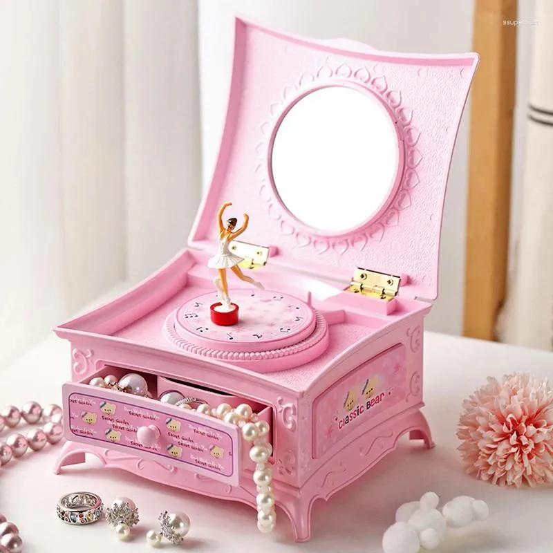 Dekorativa figurer Klassisk roterande dansare Ballerina Piano Music Box Jewelry Organizer Wind-Up Storage With Mirror