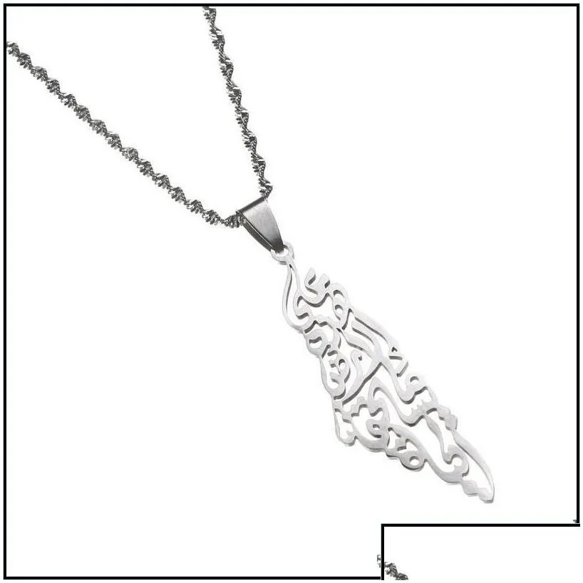 Pendant Necklaces Pendant Necklaces Trendy Jewelry Arabic Hollow Stainless Steel Palestine Israel Map For Men Women Chain Necklace Dro Dhu1D