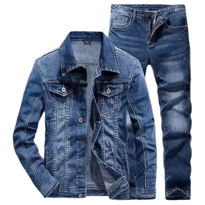 Män en cowboy kostym våren smal passande koreansk version avslappnad trend social ungdom matchande kappkvalitet denim topp jeans 2 -stycken set 240428