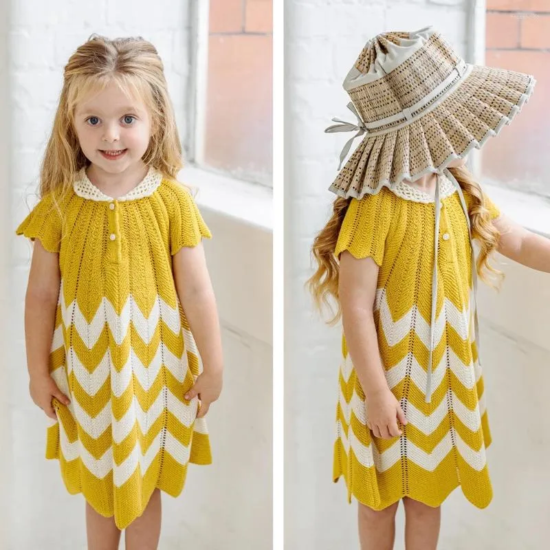 Girl Dresses Kids For Girls Summer Knitted Sweater Short Sleeve Baby Dress Cute Fashion Yellow Vestidos Party Evening