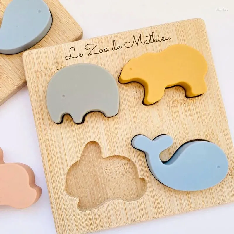 Party Favor Personalized Animal Puzzle for Children Montessori Toy Cartoon 3D Wood Silicone Jigsaw Set Toys