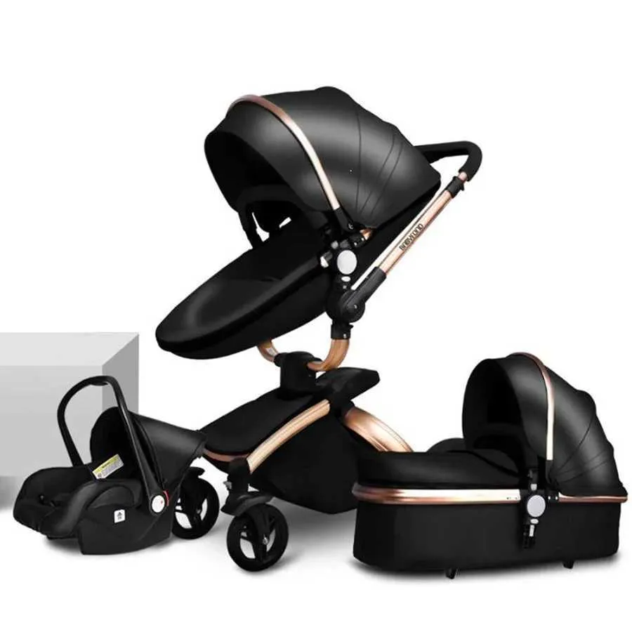 Strollers# Luxe leer 3 In 1 Baby Stroller Two Way Suspension 2 Safety Car Seat pasgeboren Bassinet Baby Carriage PRAM FOLD H240514