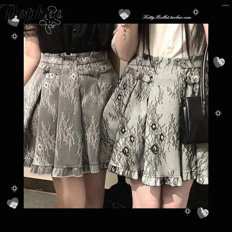 Skirts Dophee Original Gothic Women Landmine System Adjustable Buckle Lace Pattern Short Skirt High Wiast Cute Mini