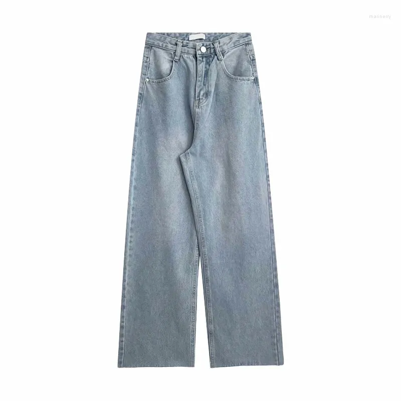 Jeans feminino vintage azul claro lavado com cintura alta de largura reta Love calças casuais