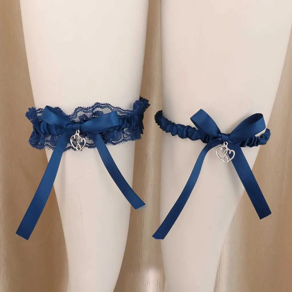 2pcs Wedding Bridal Bowknot Heart Lace Garter Throwaway Toss Leg Blue