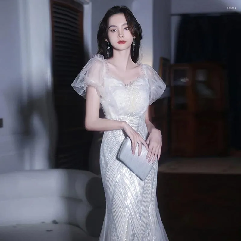 Party Dresses Luxury Glitter Mermaid Dress Women Banket Evening French Style White Sequin Slim Fishtail Wedding Ball Gown
