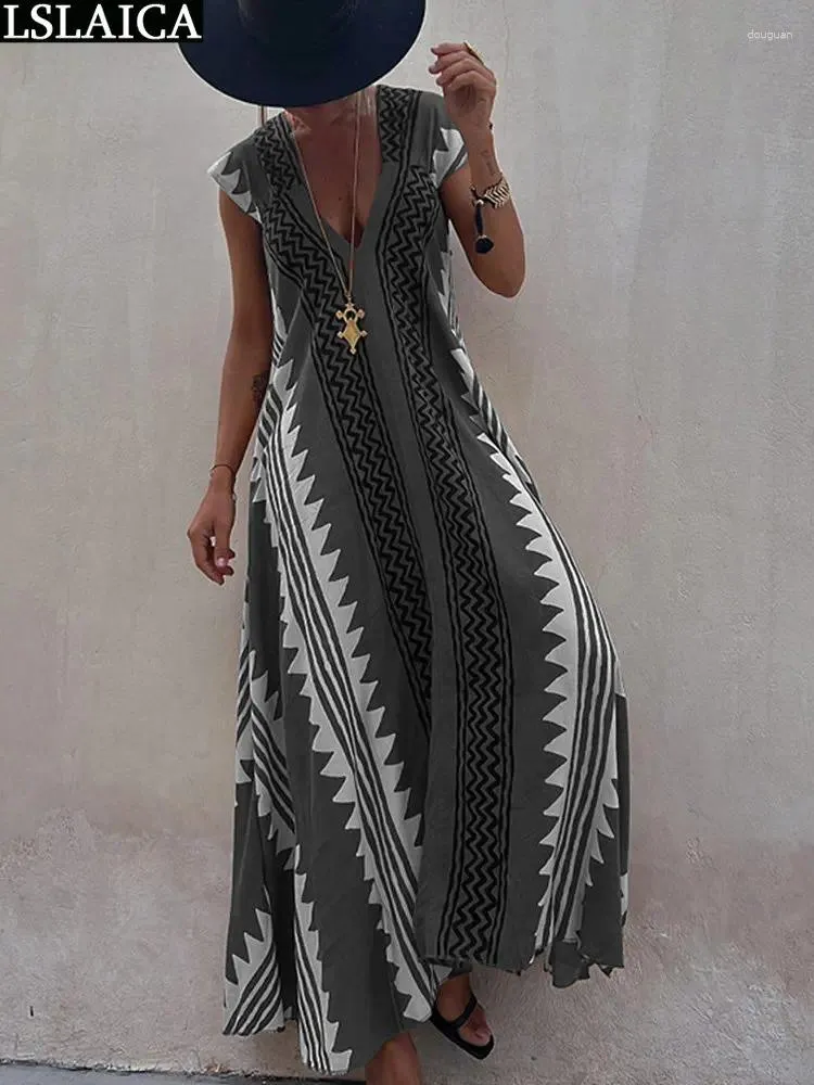 Casual Dresses Ladies For Women 2024 INS Chic And Elegant Woman Dress Geometric Pattern Boho Print Pretty Clothing Big Swing