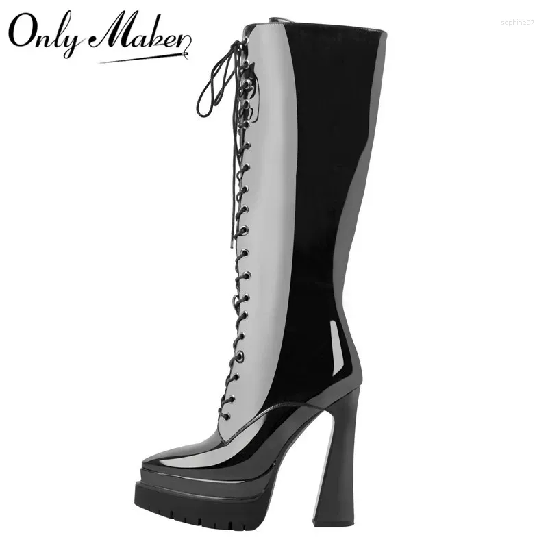 Boots Onlymaker Woman Pointed Toe Platform Black Zipper Knee High Heel