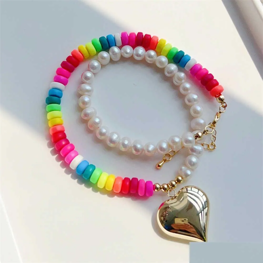 Pendant Necklaces Dome Cameras Kkbead 2023 New Heart Necklace Choker For Women Natural Pearl Jewelry Boho Summer Rainbow Heishi Beade Dhs96