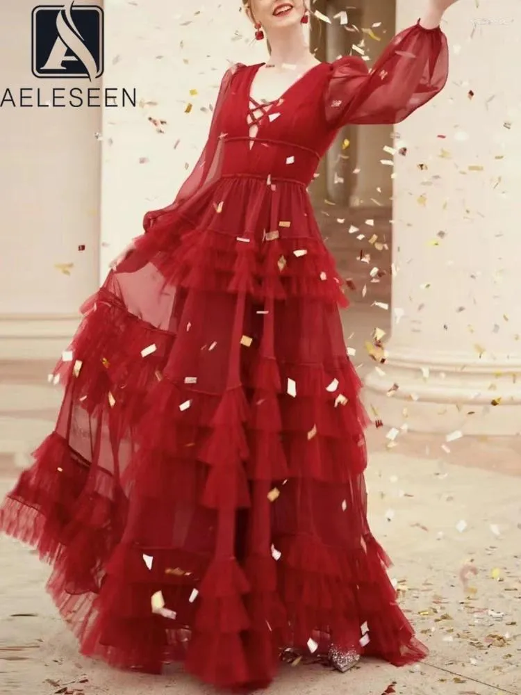 Casual jurken Aelese Red Long Party Jurk voor vrouwen V-hals lovertjes geplooide ruches eetbare boom roze zwarte gazes jaar