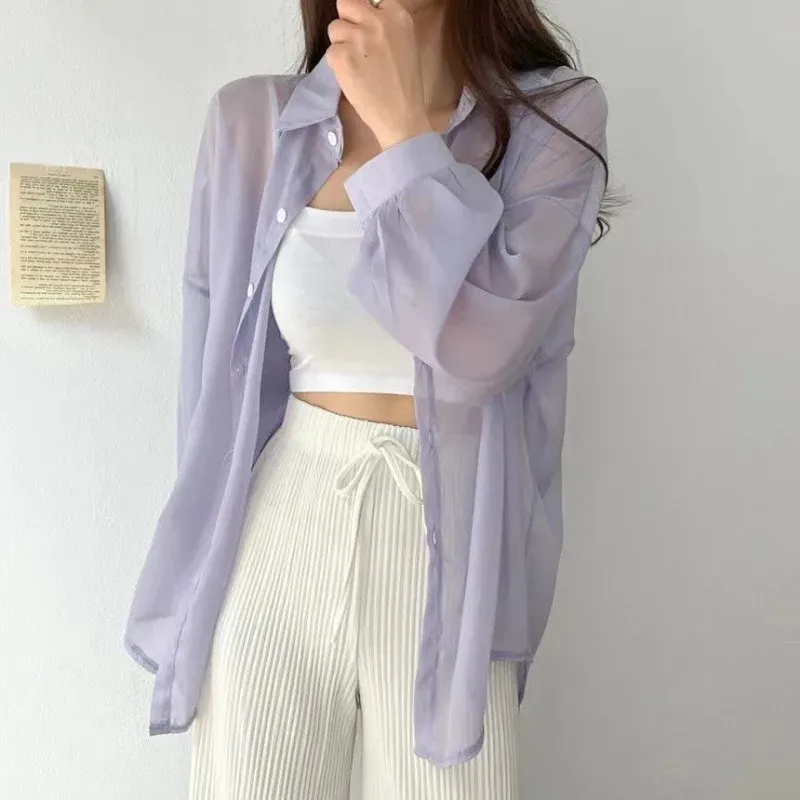 8 kleuren shirts vrouwen pure dunne chique zomer eenvoudige solide zon-proof humeur mode all-match basic Koreaanse stijl kleding