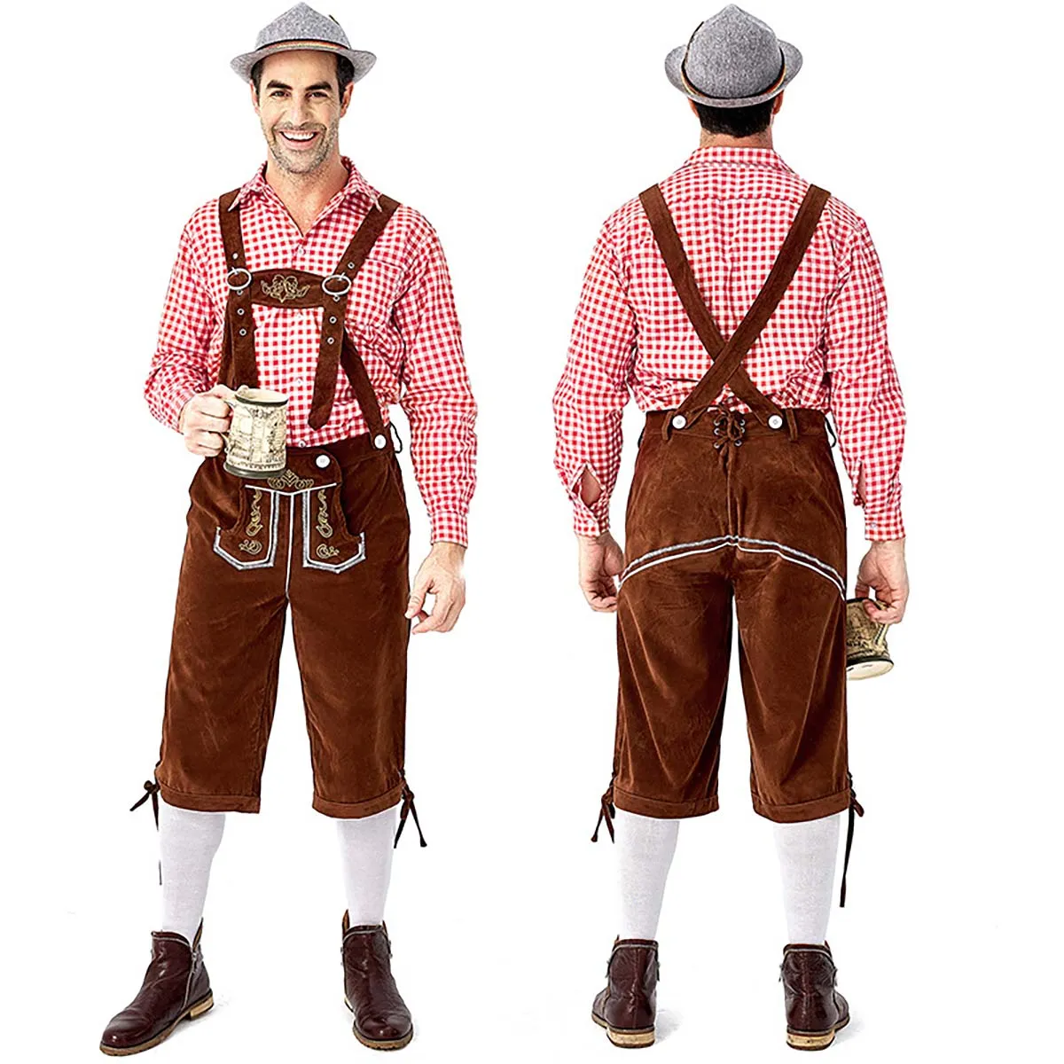 Traditional German Beer Bavarian Men's Oktoberfest Costume Plaid Shirt & Brown Overalls Cap