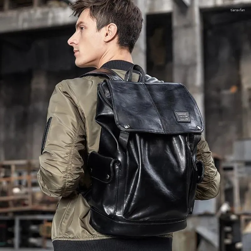 Large Black PU Leather Men s Backpack Denim Travel Rucksack with Laptop Compartment Fits 15 Inch Male Teenager School Bag