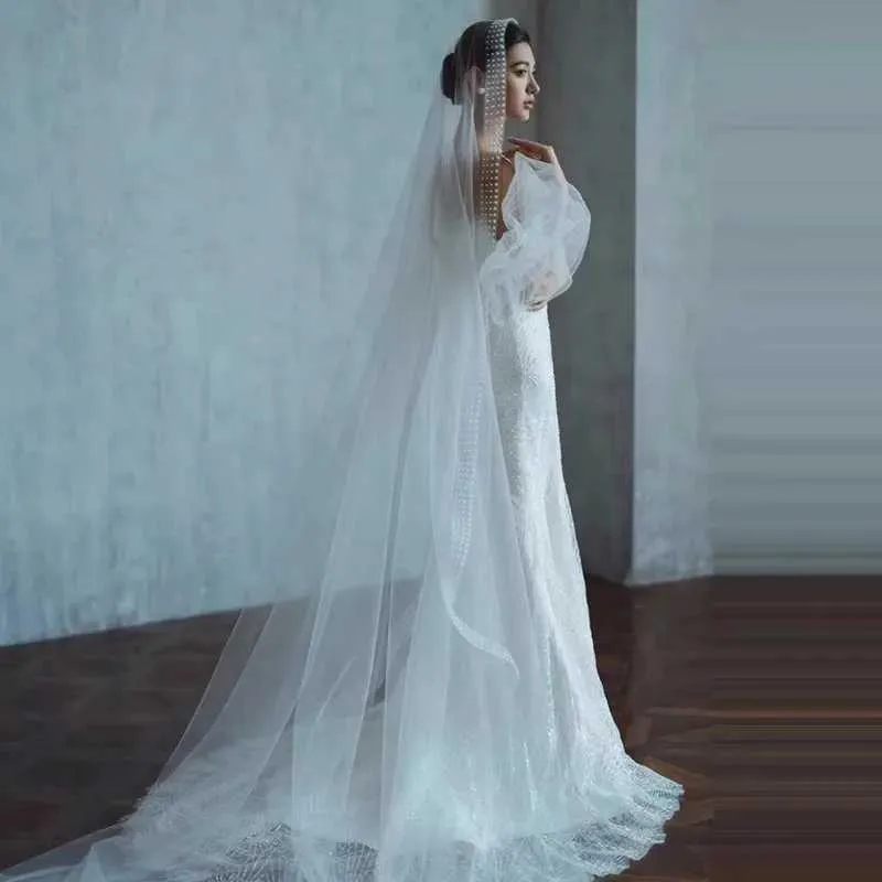 Hårsmykker Perlekant Lange Katedral Brudeslør 1 Lag med Kam Organza Perlebesatte Brudekjoler Tilbehør VP92_voghion.com