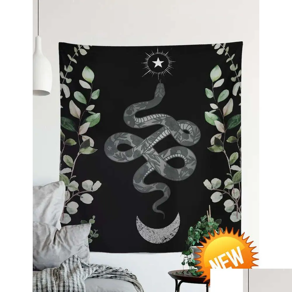 Gobelin Księżyc i węże Symbol - czarny biały eukaliptus liście gobelin Wiszący medytacja Joga Dekoracja Hippiehome Dekoracja Dhzqx