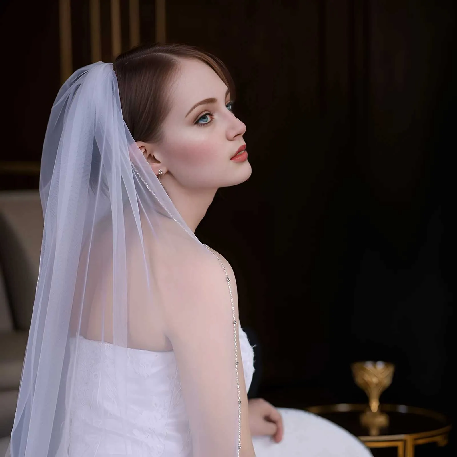 Haarschmuck Brautschleier Kristallperlen 1-stufig Hochzeitsschleier Strass Perlenbesatz Weicher Tüll mit Kamm Kathedrale_voghion.com