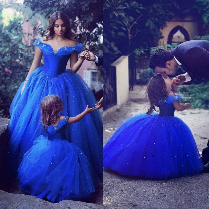 2020 Royal Blue Princess Wedding Flower Girl -jurken Puffy Tutu Sparkly Crystals Toddler Little Girls Pageant Communion Dress 273J