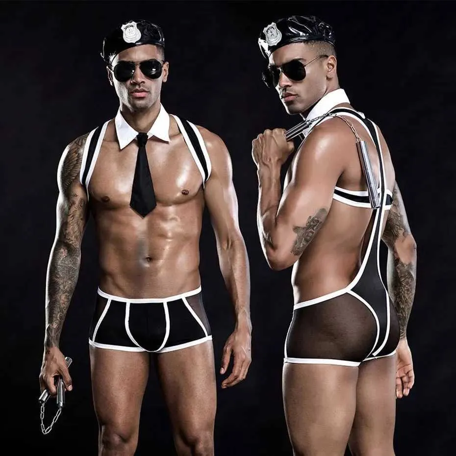 Sexy Set JSy Sexy Police Uniforme Cosplay Lingerie Men Underwear BodySity Lingerie Porno Come Sexy Role Play Tenue de nuit T240513